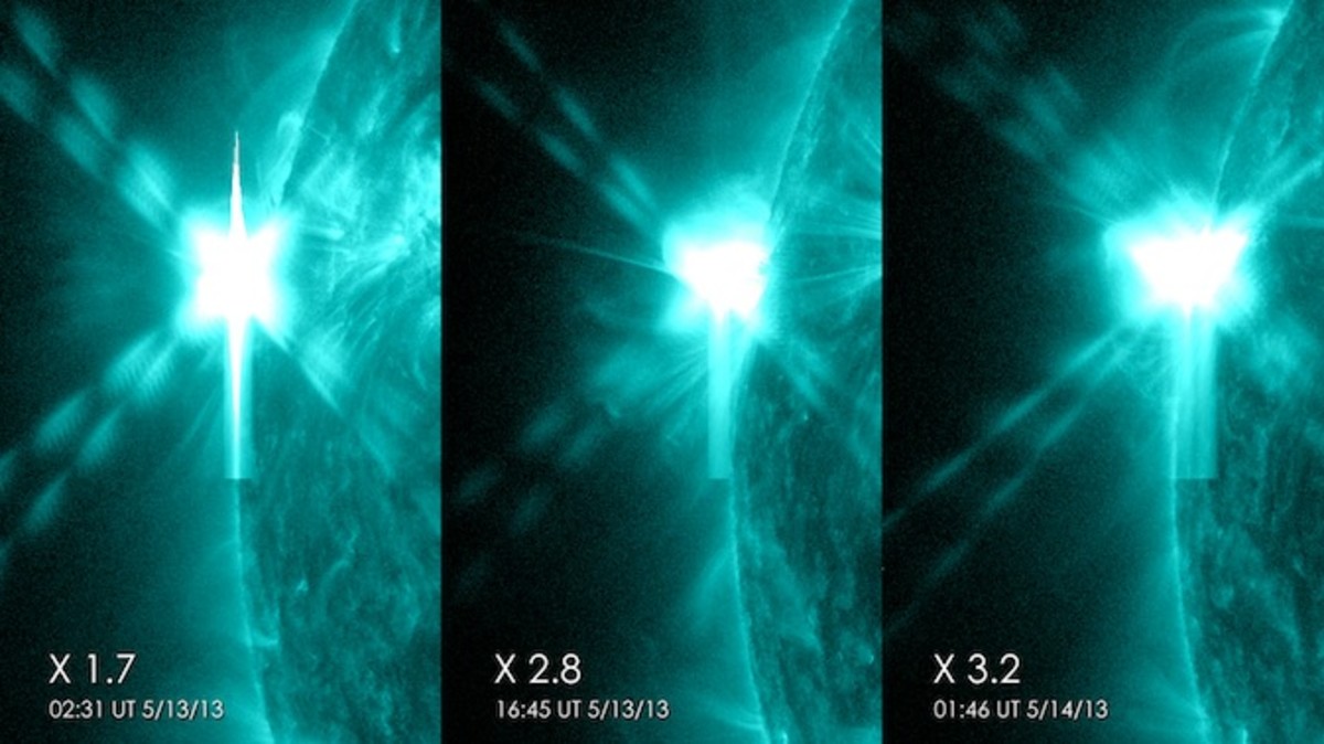 Three immense X-class Solar Flares eruptes in fewer than 24 hours during May 12-13, 2013. See the largest flare to the right: Class X 3.2, the largest ever recorded to date.