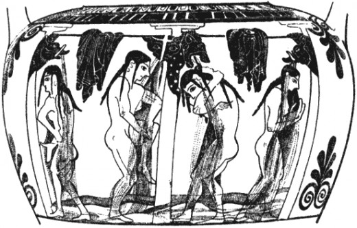 Girls taking a shower - the image documents a common reality in the Greek Antiquity, standing proof of the existence of shower back in those days