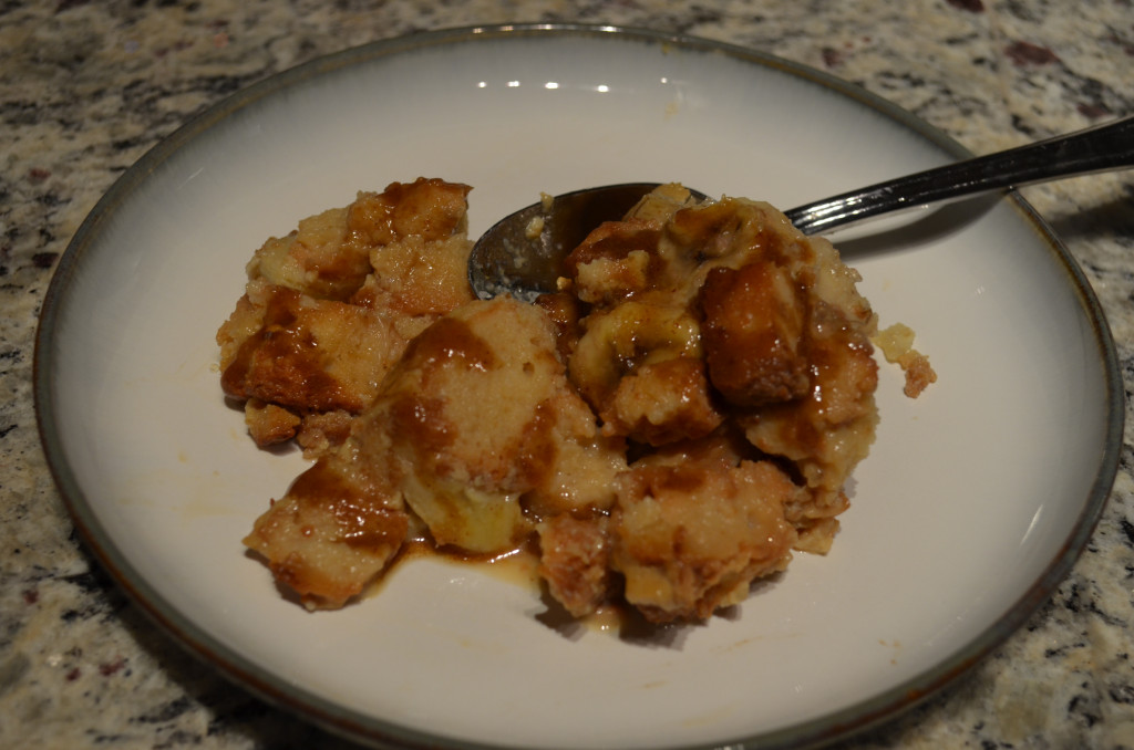 Bananas Foster Bread Pudding with Spiced Rum Sauce