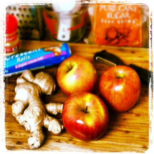Fuji Apples, Organic Ginger Root, Crescent Rolls, Brown Sugar, Cinnamon, Butter, and a touch of Lemon Juice makes for a tasty little snack. Kids love them too.