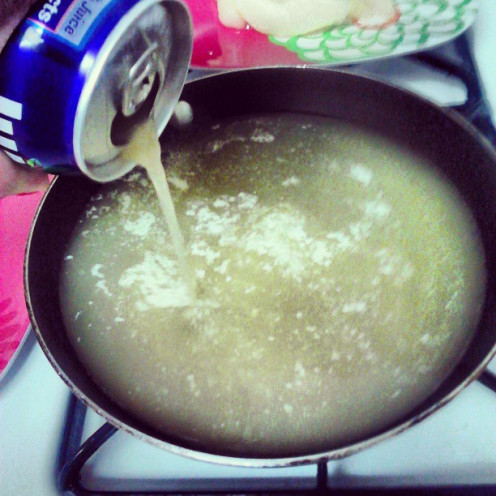 Pour Nectar and Pear Syrup in Saucepan over medium High Heat. Stir in grated Ginger Root. 