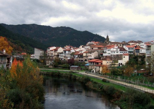 View of Ribadavia across the river in autumn