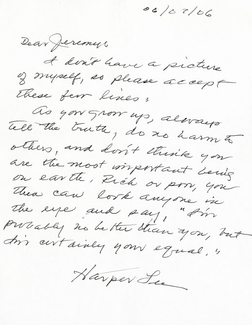 Click the source link for the full transcript of this letter to a young fan by Harper Lee!
