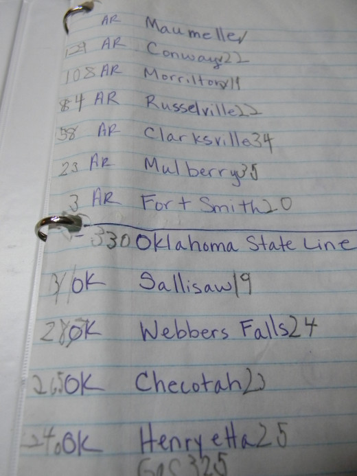 List of cities along our route.  Mile marker is on the left and distance travelend between cities is on the right. 