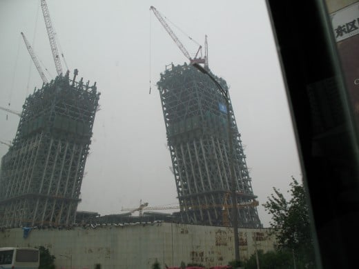 Modern slanted buildings under construction in Beijing