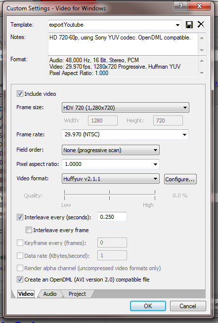 Lossless Avi export settings for Sony Vegas.