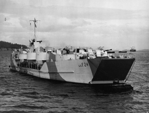 Large landing craft with welded shut ramp and heavy anti aircraft guns