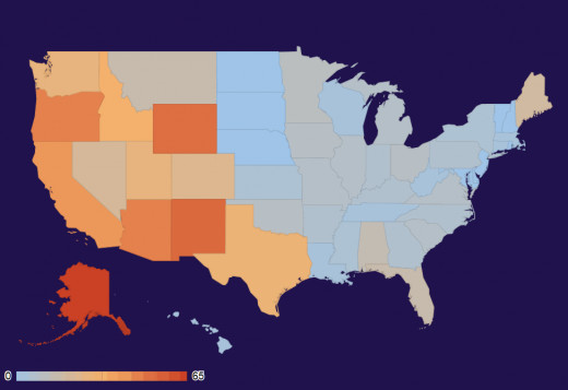 US state UFO intensity map for March 2013.