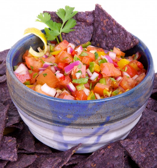 Colorful and fresh salsa;  a perfect combination of savory, sweet, tangy, and spicy.