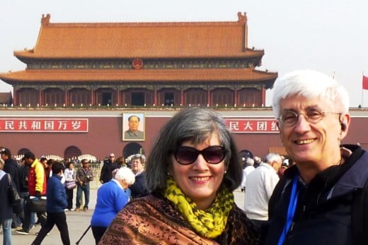 1 c) Us with Chairman Mao's photo in Tiananmen Square