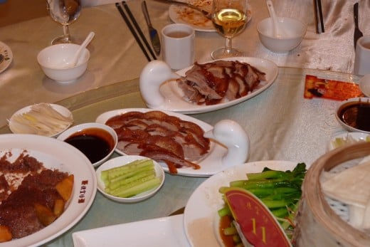 8 c) The Peking Duck platters on our table