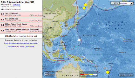 Magnitude 6.5 or larger worldwide earthquakes for May 2013 based on USGS/NEIC event data.