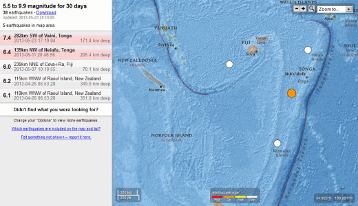 Magnitude 7.4 Tonga earthquake of May 23, 2013 and its three foreshocks (one of the last two listed is a duplicate).  Data and map courtesy of the USGS/NEIC.