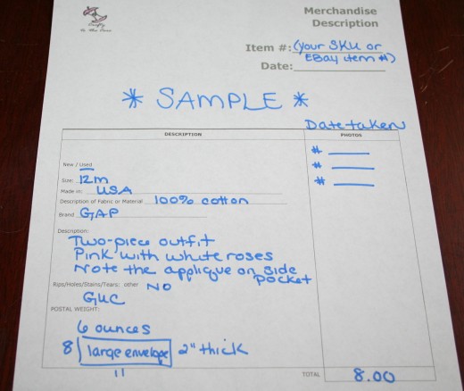 Sample of my merchandise intake sheet.  Feel free to customize this for your own use!