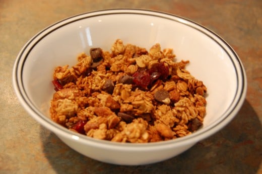 Finished granola, you can add whatever dried fruits you like to your version of granola
