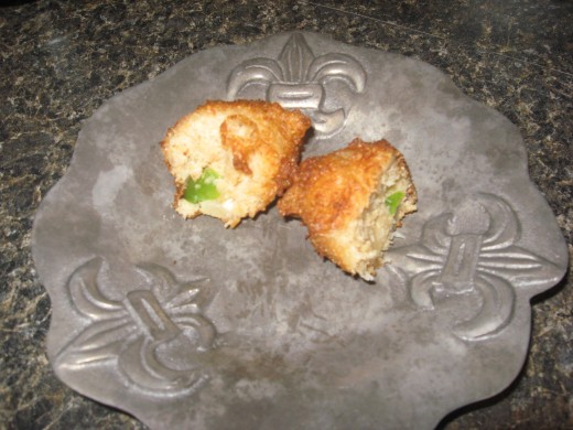 The outside is crisp, while the inside of the crab fritters is soft and fluffy. 