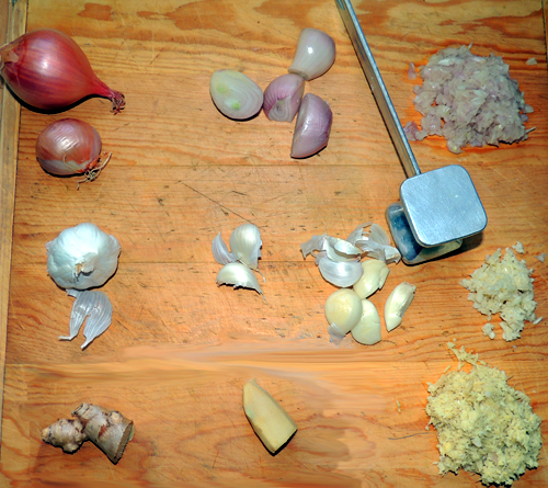left to right, top to bottom, shallots, garlic & ginger prep - set aside
