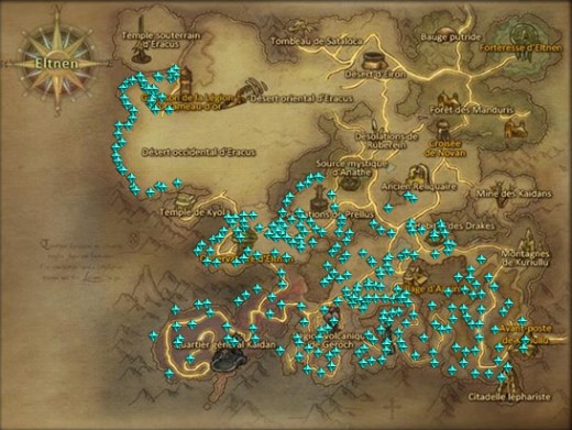 A picture showing the map of Eltnen, Elysea. The blue dots indicate the spots where adamantium spawns exist. The spots are near to each other, allowing many gathers in less time.