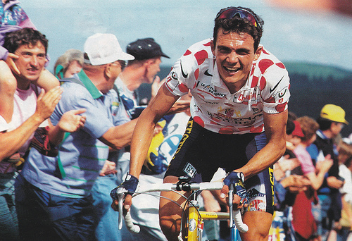 Richard Virenque climbing in the Tour de France polka-dot jersey of the climbers