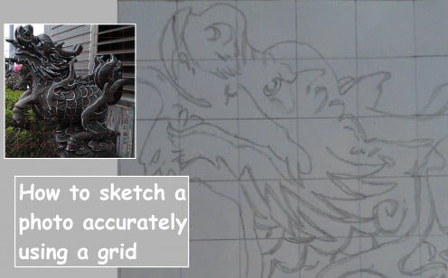 Pencil sketch of dragon photo with grid