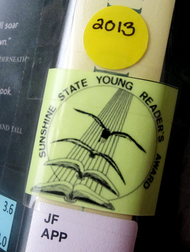 Sunshine State Young Readers Award label on library book  