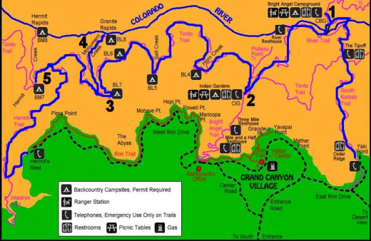 The route we took backpacking Grand Canyon National Park (Marked in blue)