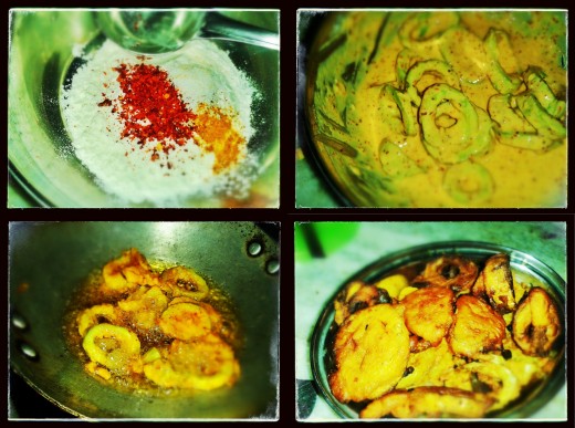 Step 4: Dip the sliced Snake gourds into the mixture of Maida,CornFlour,Chilli powder, Salt and water & fry