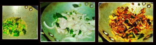 Step 5 : After spluttering mustard seeds, add Onion, Chilli, ginger garlic paste & 1 spoon sugar, 2 teaspoon soya souce and add fried snake gourd, mix it well and off the flame