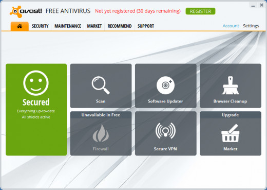 Avast! Free Antivirus main interface
