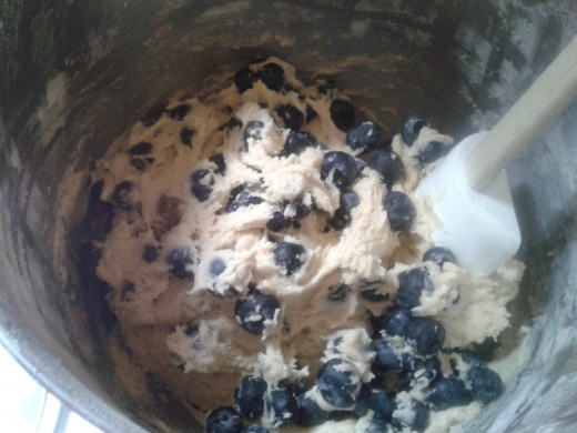 Beat  in the dry ingredients, then GENTLY stir in Blueberries.