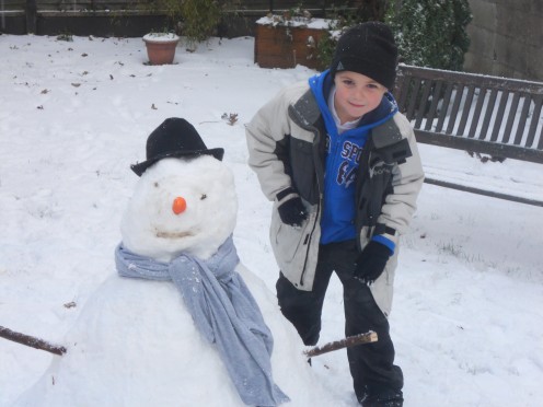Use the two thin twigs and put at the sides of your Snow Man for the arms.