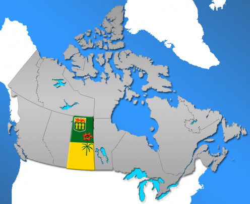 Map of Canada showing the province of Saskatchewan with the Saskatchewan flag image