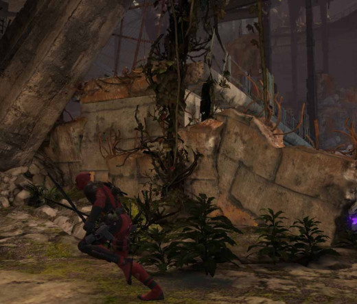 Deadpool can use this wall to get up to the higher level in the compound.