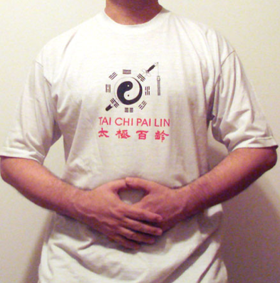 Tai Chi practitioner with his palms facing the lower dantien where energy can be stored.  This is a common practice after exercise sets in qigong, neigong and Tai Chi.