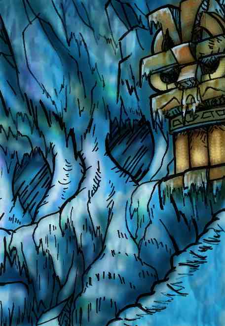 A mood piece for the interior of the glacial levels. Notice the head, and how it relates to the jungle and ruin themes within the game.