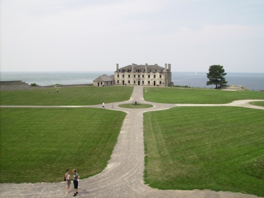 Old Ft. Niagara Parade ground with Old French Castle and Lake Ontario in the background.  