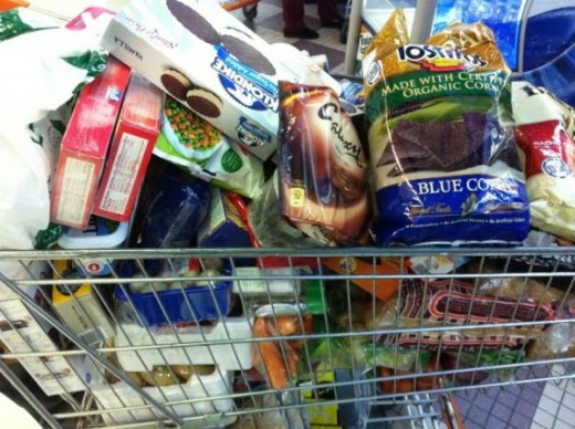 Avoid filling up your cart like this by not shopping on an empty stomach.