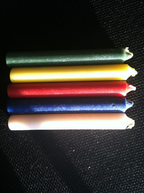 These candles are about the width of a pinky finger and when found are generally no more than $1.25 each. They are good representatives of the elements.