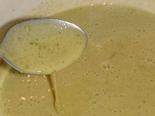 Eggs, sugars and avocado mixed together. It should be smooth and runny.