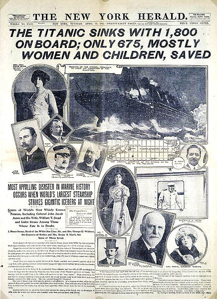 A contemporary New York Herald front page report of the titanic tragedy