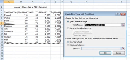Defining the range and the position of the new Pivot Chart in Excel 2007 and Excel 2010.