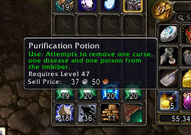 The Purification Potion will remove other debuffs as well so make sure you don't use it while you have other debuffs on you! Dispel the debuffs with your Pit Lord's Fel Breath first.