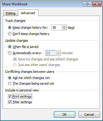 Tracking and conflict resolution options available when sharing a document in Excel 2007 and Excel 2010. Tracking and conflict resolution options available when sharing a document in Excel 2007 and Excel 2010.
