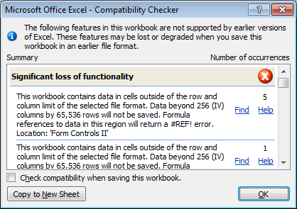 Example of issues discovered by Compatibility Checker in Excel 2007 and Excel 2010. Example of issues discovered by Compatibility Checker in Excel 2007 and Excel 2010.