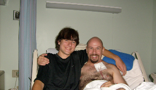 P.J. and me (Lonnie) hours after my surgery to remove 9 tumorous masses, part of my tongue, my jugular vein, a nerve and 6-inches of muscle tissue.