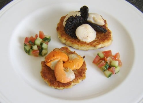 King scallops and black pudding, served on potato cakes with salsa