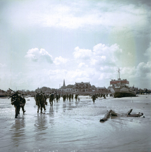 Canadian infantry soldiers disembarking at Juno Beach, June 6, 1944