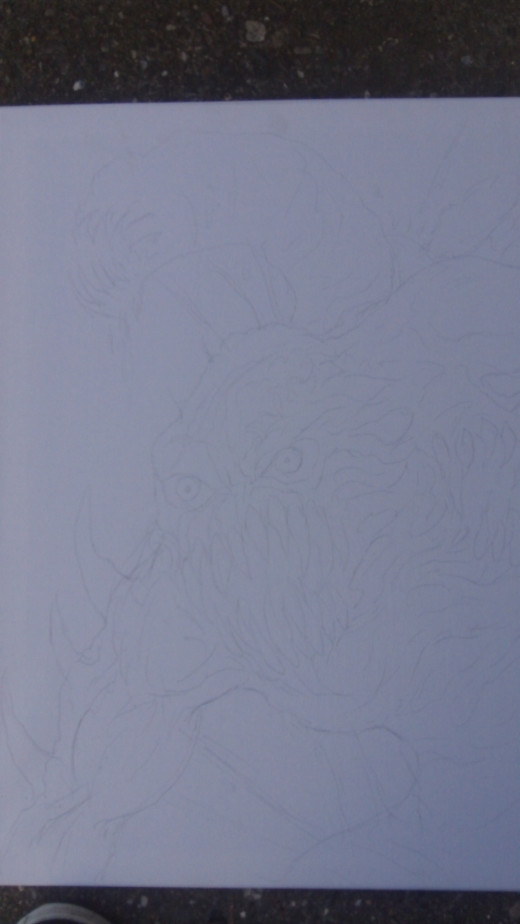 You can faintly see the pencil lines of the creature I drew directly on the canvas