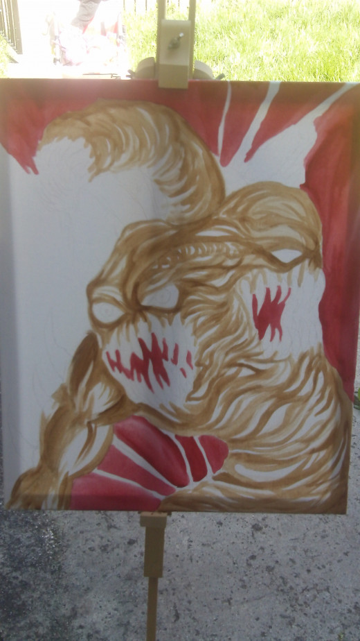 Continuing to paint with the Crimson Red paint the background