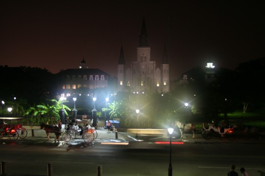 Jackson Square at night with St. Louis Cathedral behind